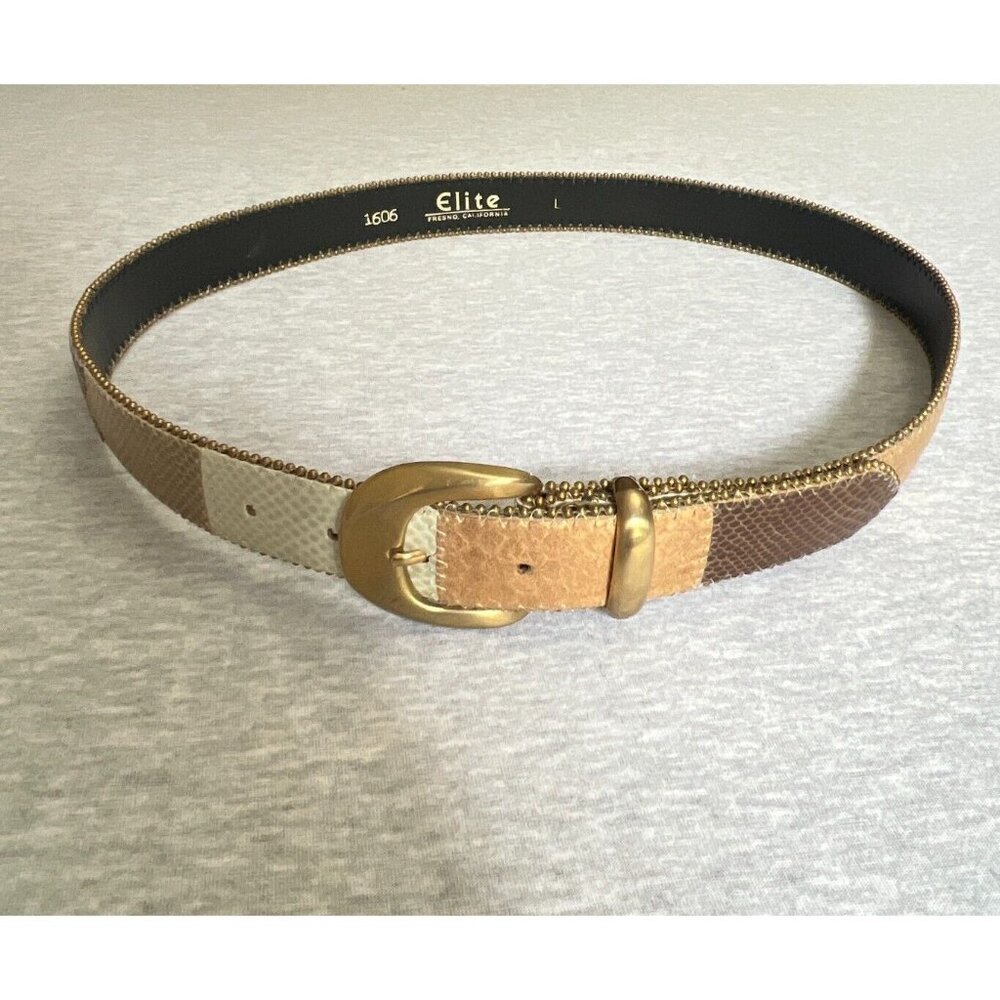 Elite Womens Belt Large Tan Patchwork Metallic Snake Reptile Textured Leather 1"